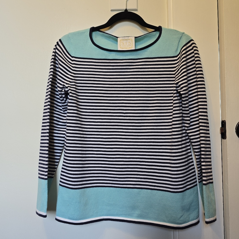 Sail to Sable Striped Pullover Sweater Navy Aqua size small